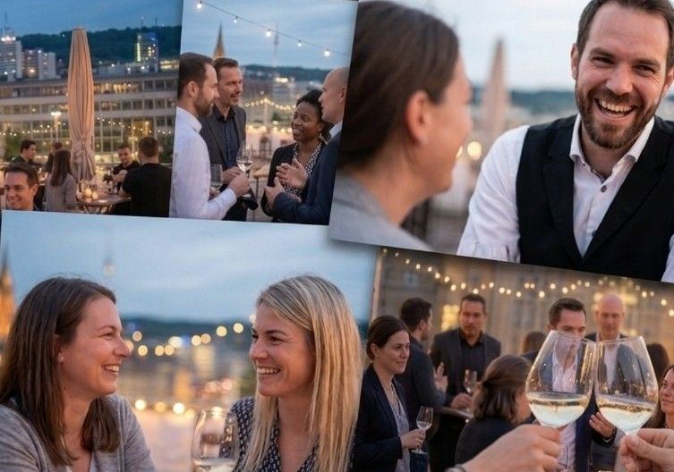 Menschen aus der LEVOLUT Community im Austausch bei einem Abendevent über den Dächern Stuttgarts