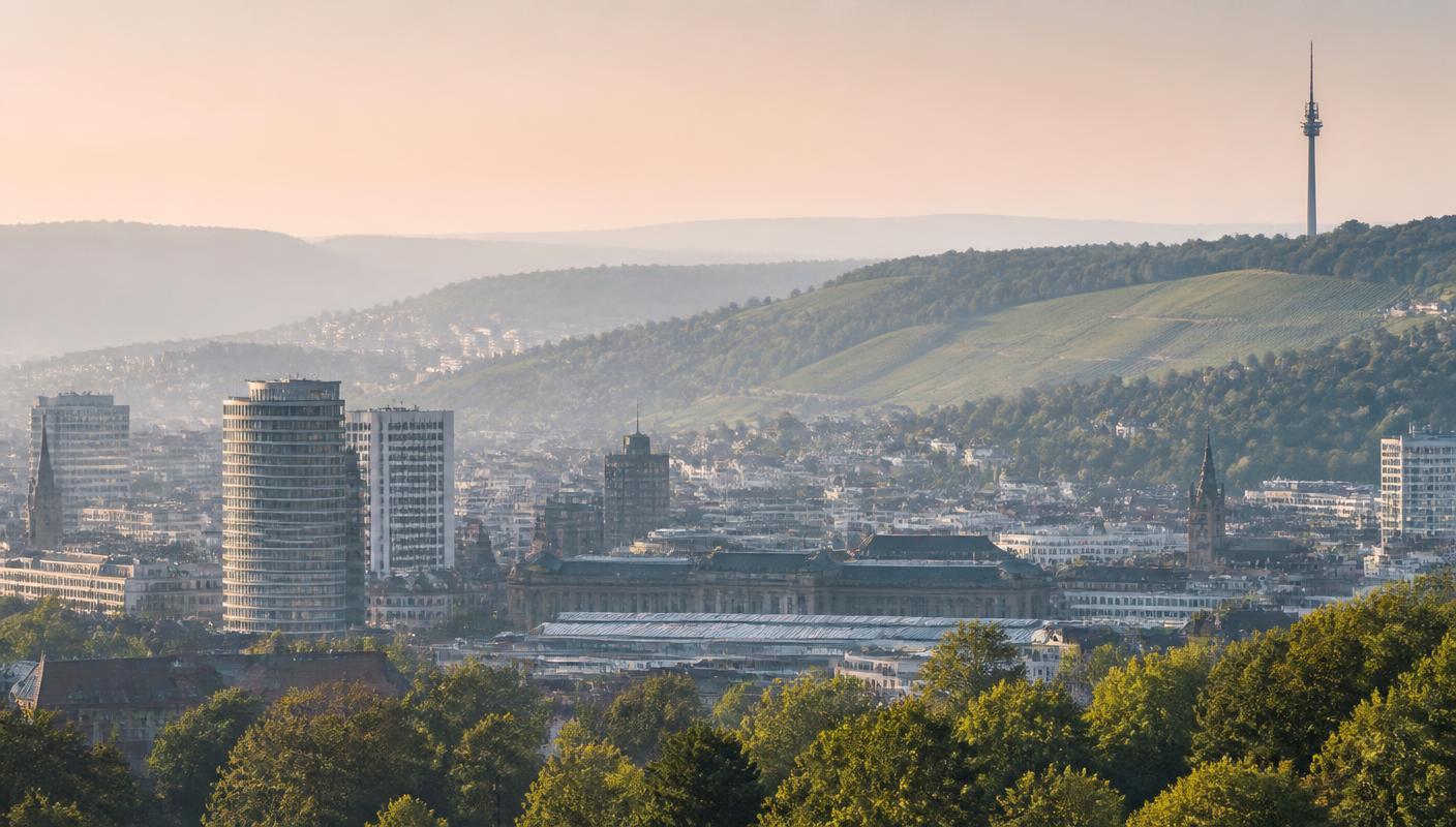 Blick über Stuttgart mit Weinbergen im Morgenlicht